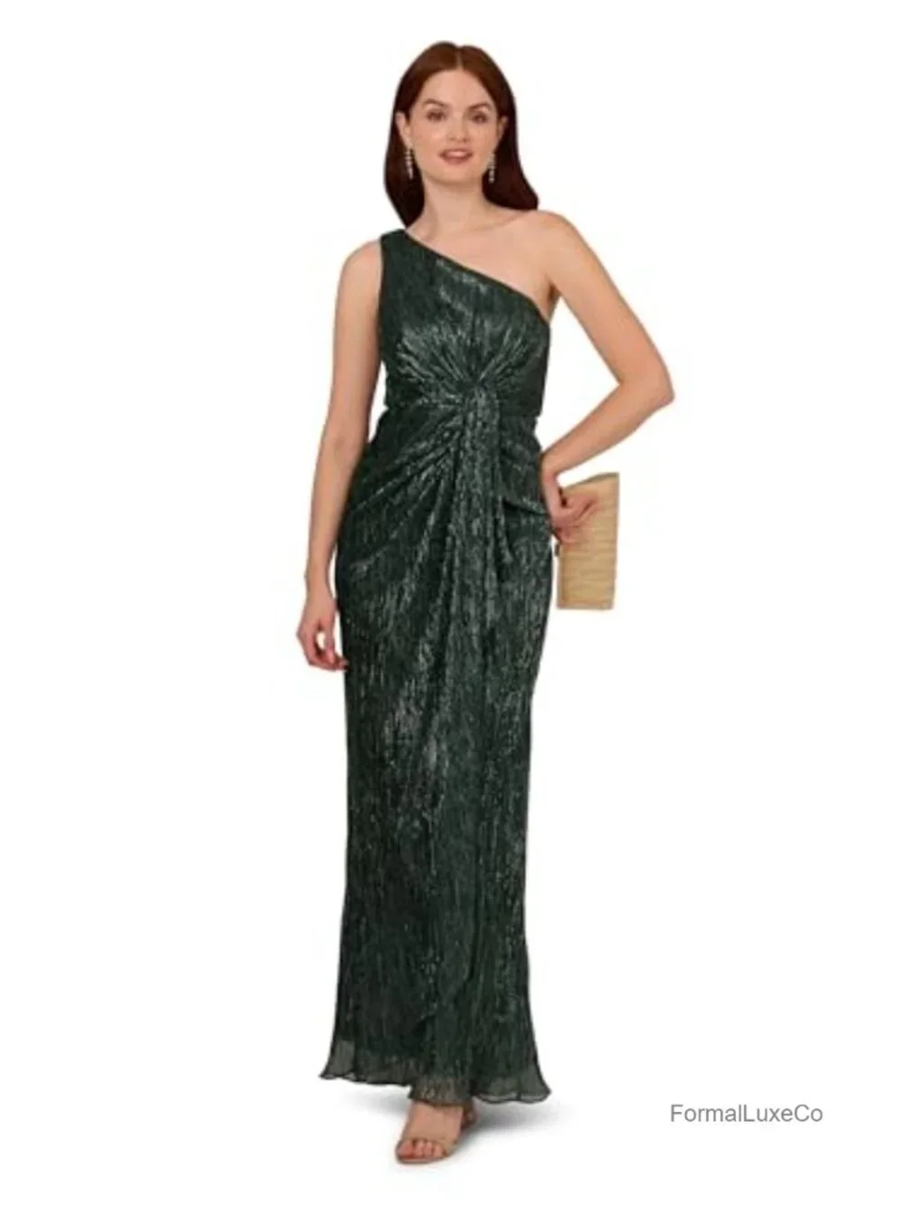 One Shoulder Pleated Draped Metallic Mesh Mermaid Gown, Floor Length, Back Zip
